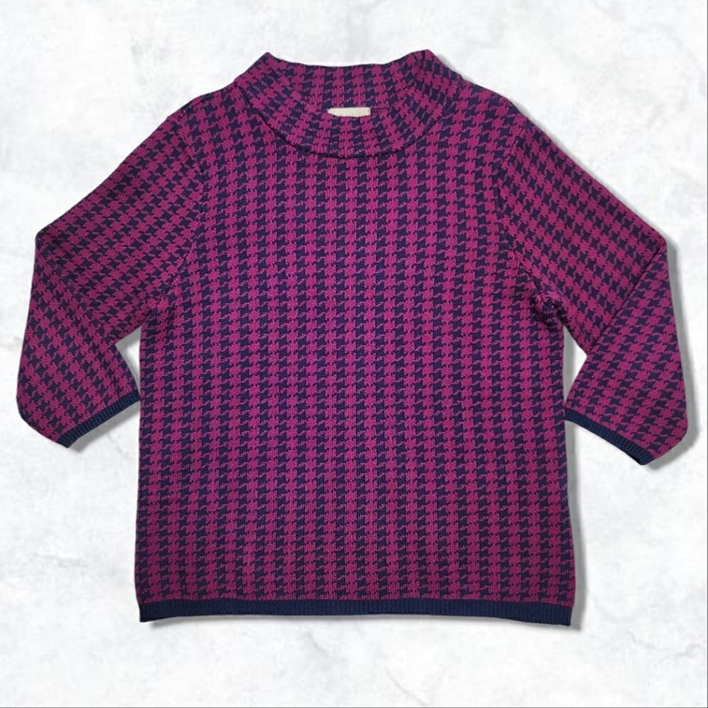 Appleseed's Houndstooth Red & Navy Crew Neck Knit Wool Blend Sweater